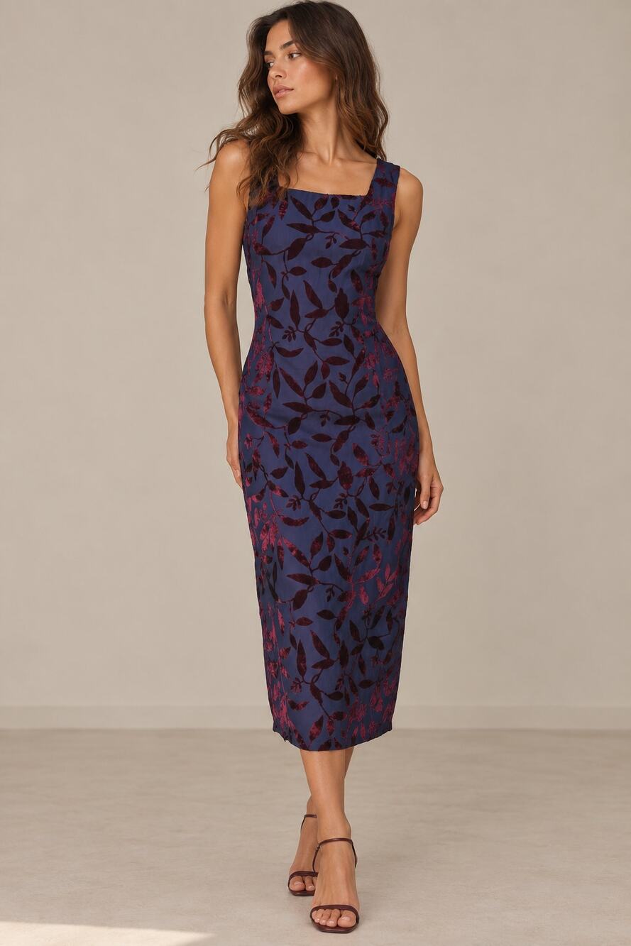 Vintage Maggy London Navy Blue Red Velvet Burnout Dress 10 Floral 90s Sheath